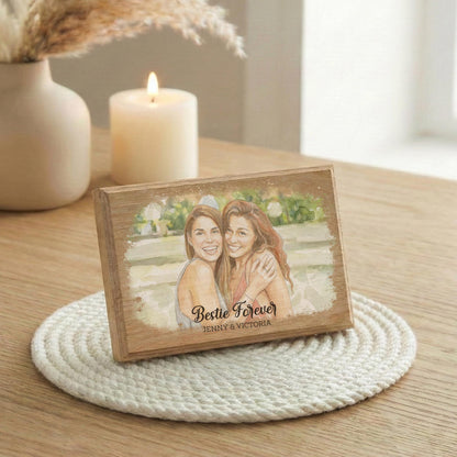 Personalized Friend Photo Wood Frame, Watercolor Effect