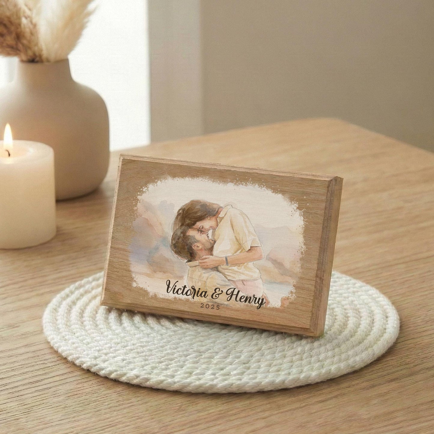 Couple Photo Watercolor Effect Wood Frame, Painting of Living Together