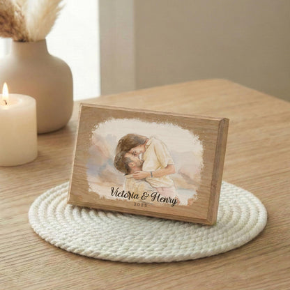 Couple Photo Watercolor Effect Wood Frame, Painting of Living Together