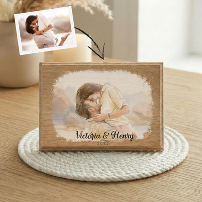 Couple Photo Watercolor Effect Wood Frame, Painting of Living Together