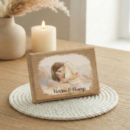 Couple Photo Watercolor Effect Wood Frame, Painting of Living Together