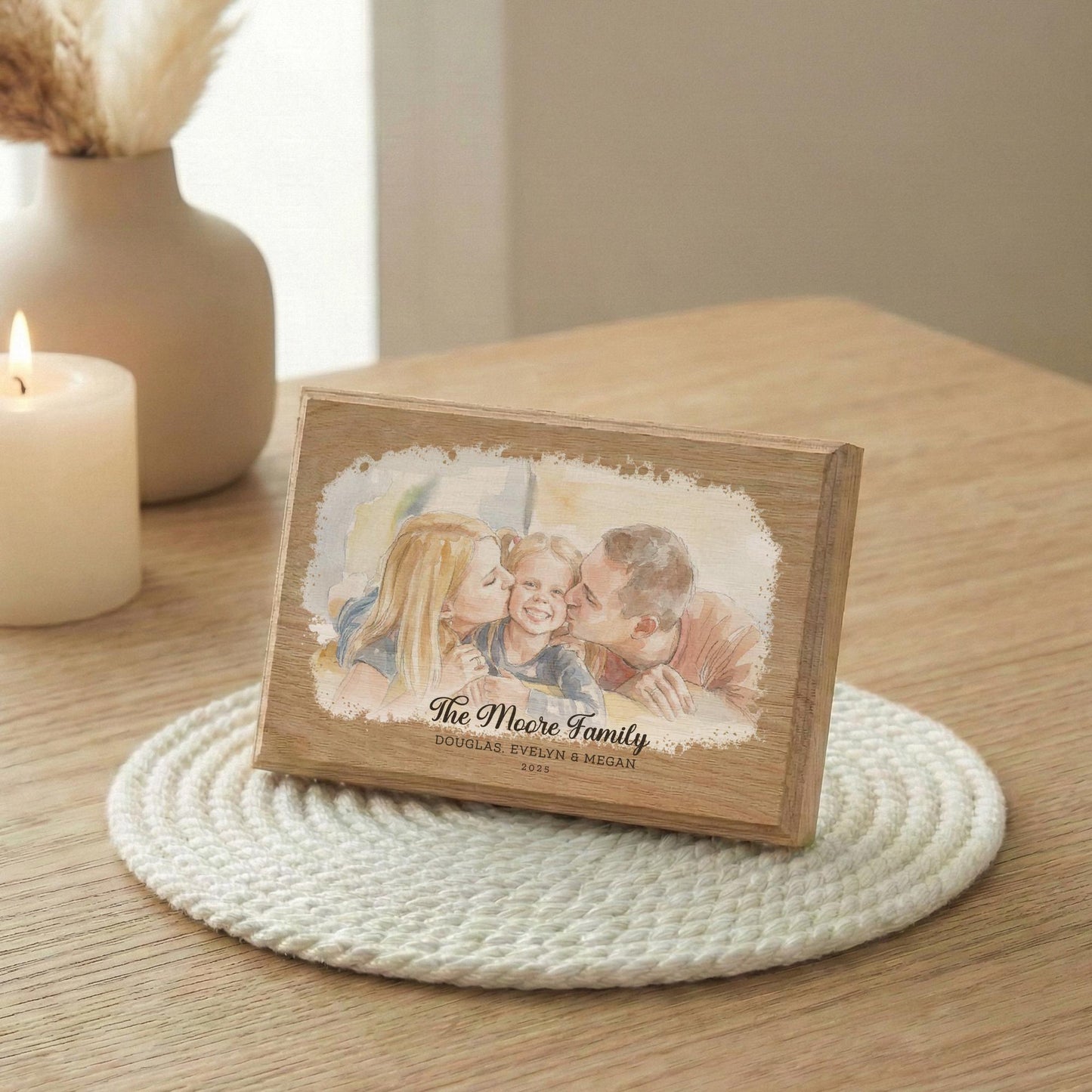 Custom Watercolor Effect Portrait from Family Photo, Mom Dad Children Picture Wood Frame