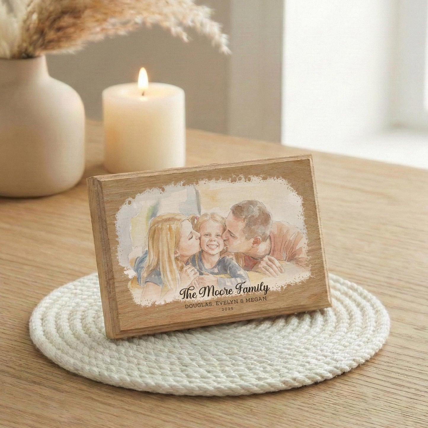Custom Watercolor Effect Portrait from Family Photo, Mom Dad Children Picture Wood Frame