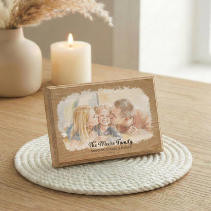 Custom Watercolor Effect Portrait from Family Photo, Mom Dad Children Picture Wood Frame
