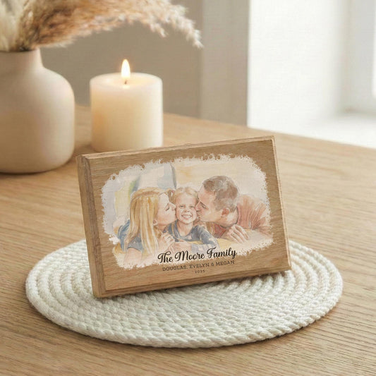 Custom Watercolor Effect Portrait from Family Photo, Mom Dad Children Picture Wood Frame