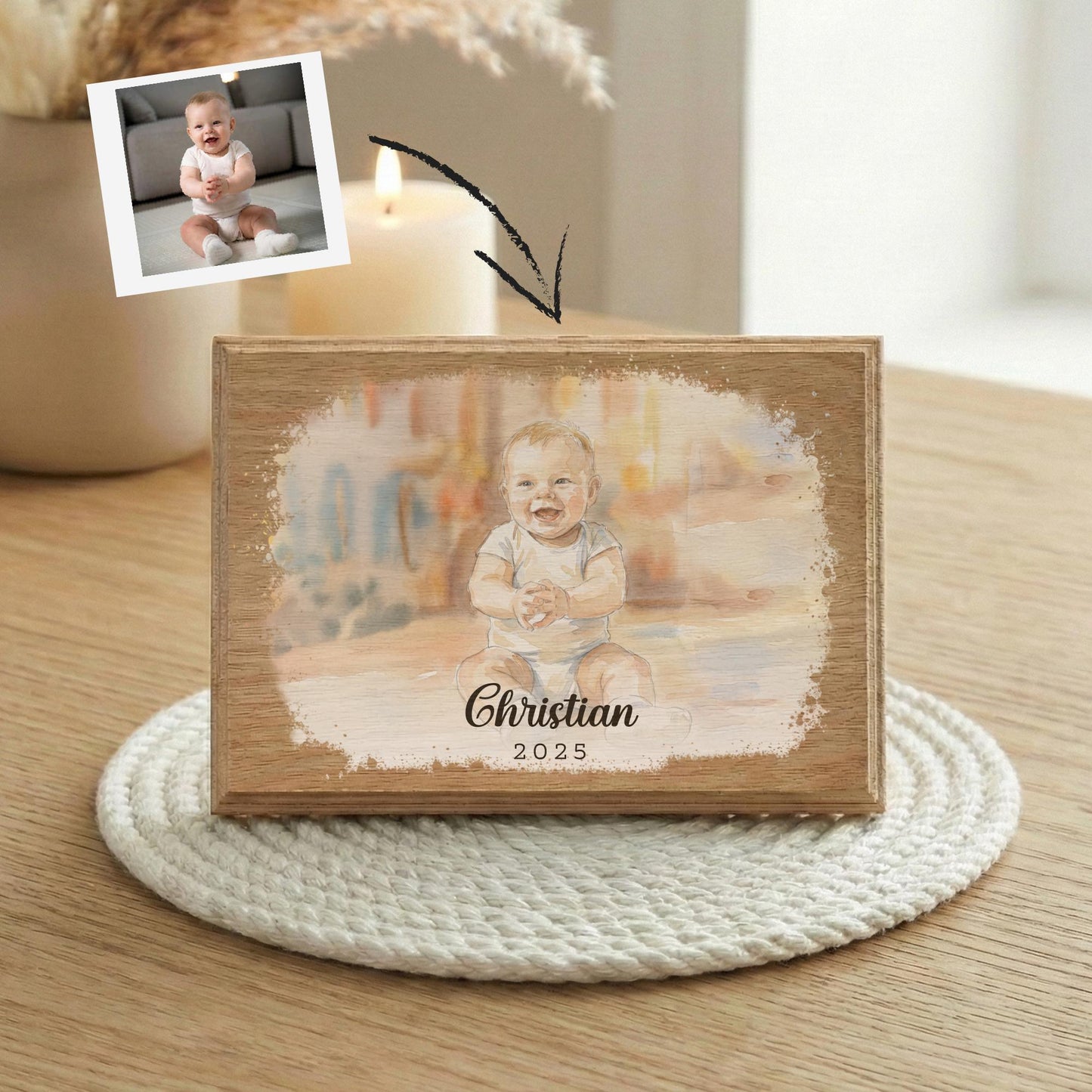 New Baby Watercolor Effect Photo Wood Frame, Children Portrait Art with Effect Painting