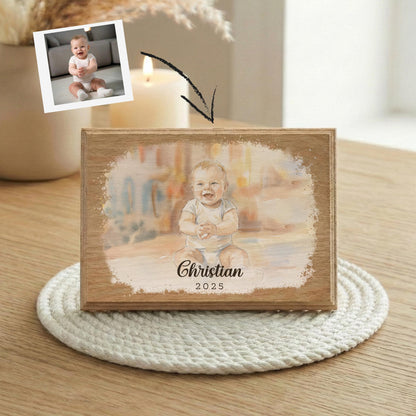 New Baby Watercolor Effect Photo Wood Frame, Children Portrait Art with Effect Painting