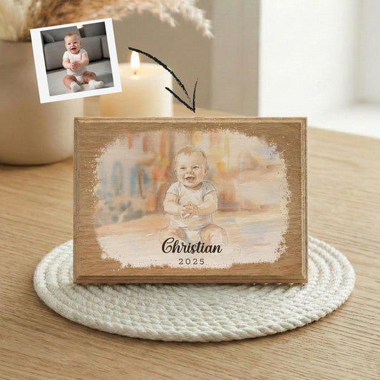 New Baby Watercolor Effect Photo Wood Frame, Children Portrait Art with Effect Painting