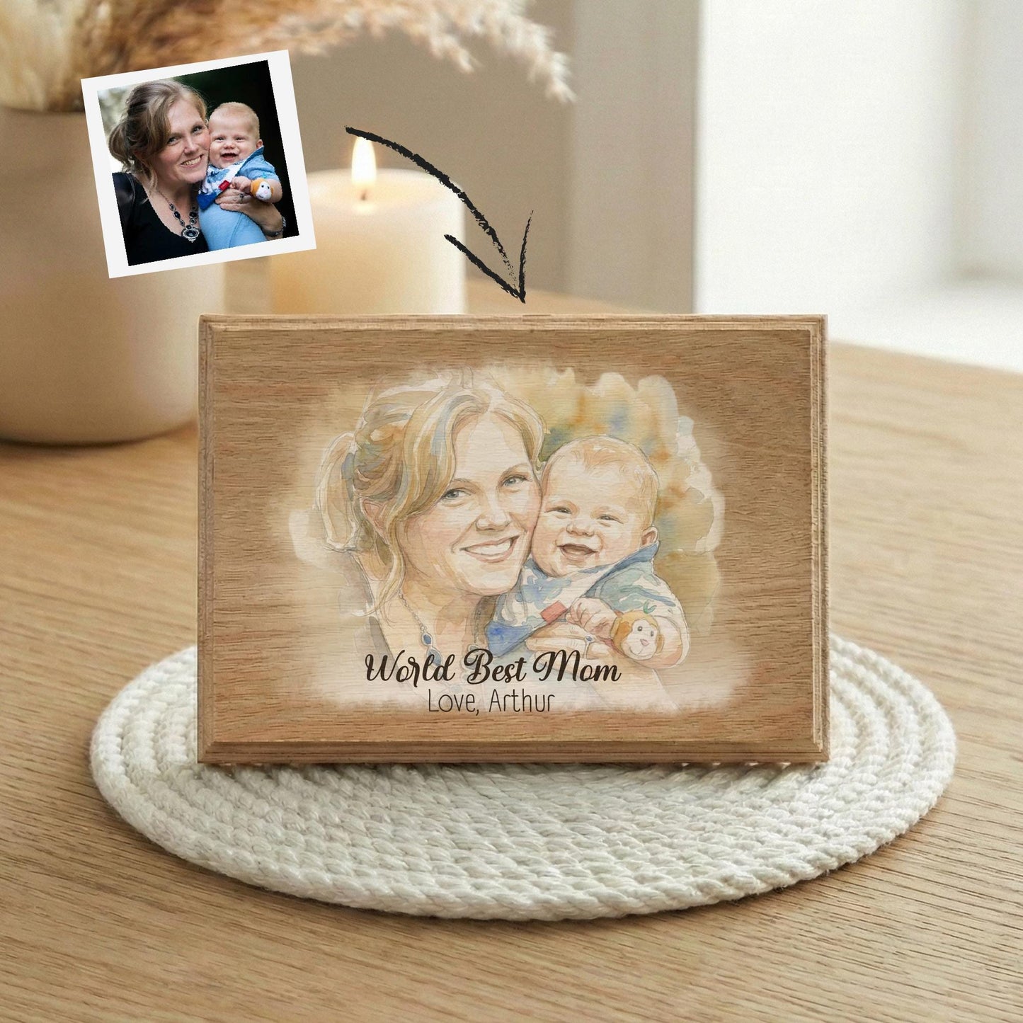 Mother and Childden Watercolor Effect Photo Wood Frame