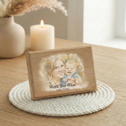 Mother and Childden Watercolor Effect Photo Wood Frame