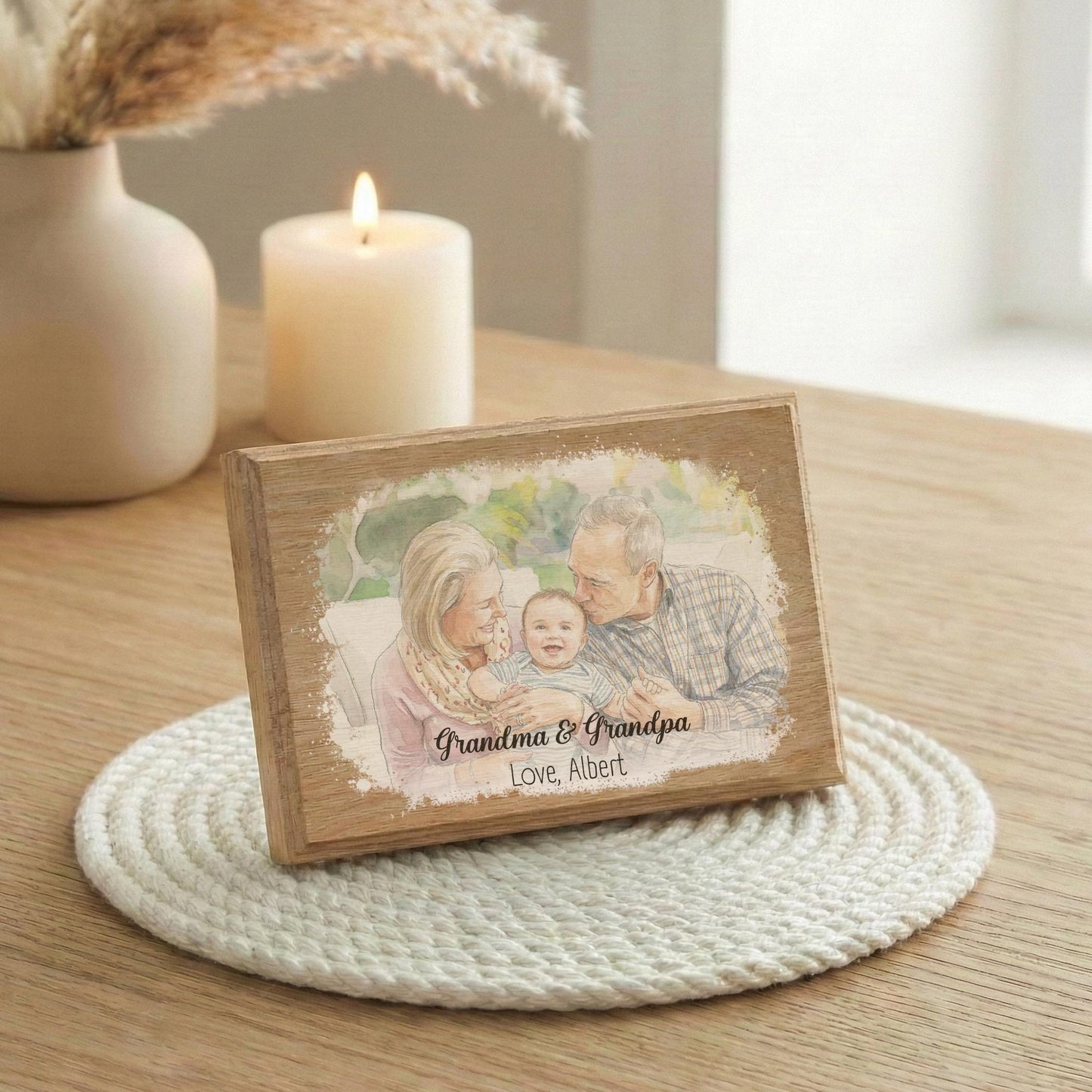 New Grandma Grandpa and Grandchild Photo with Watercolor Effect Wood Frame, Grandmother and Grandfather Picture