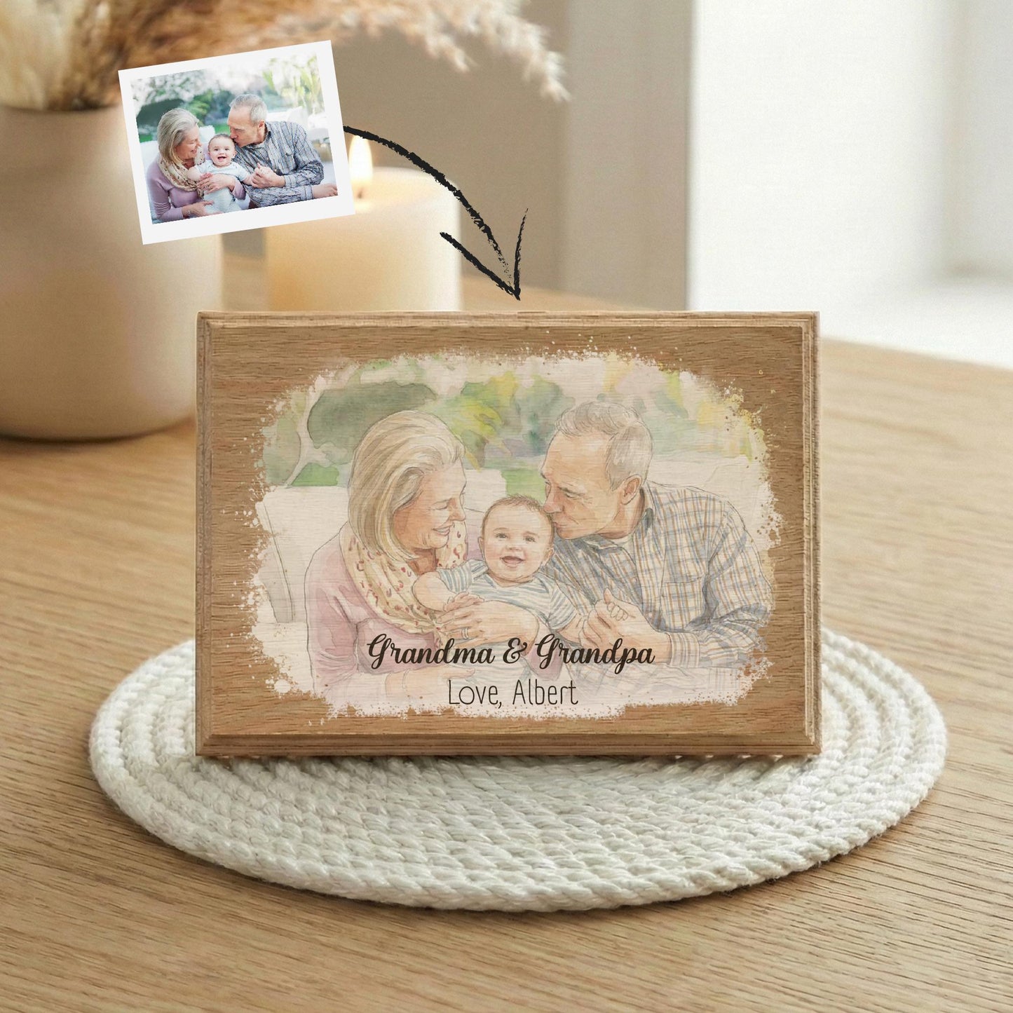 New Grandma Grandpa and Grandchild Photo with Watercolor Effect Wood Frame, Grandmother and Grandfather Picture