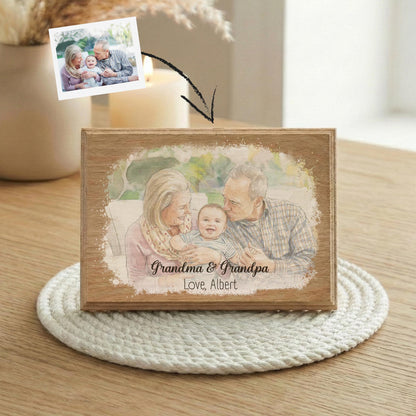 New Grandma Grandpa and Grandchild Photo with Watercolor Effect Wood Frame, Grandmother and Grandfather Picture