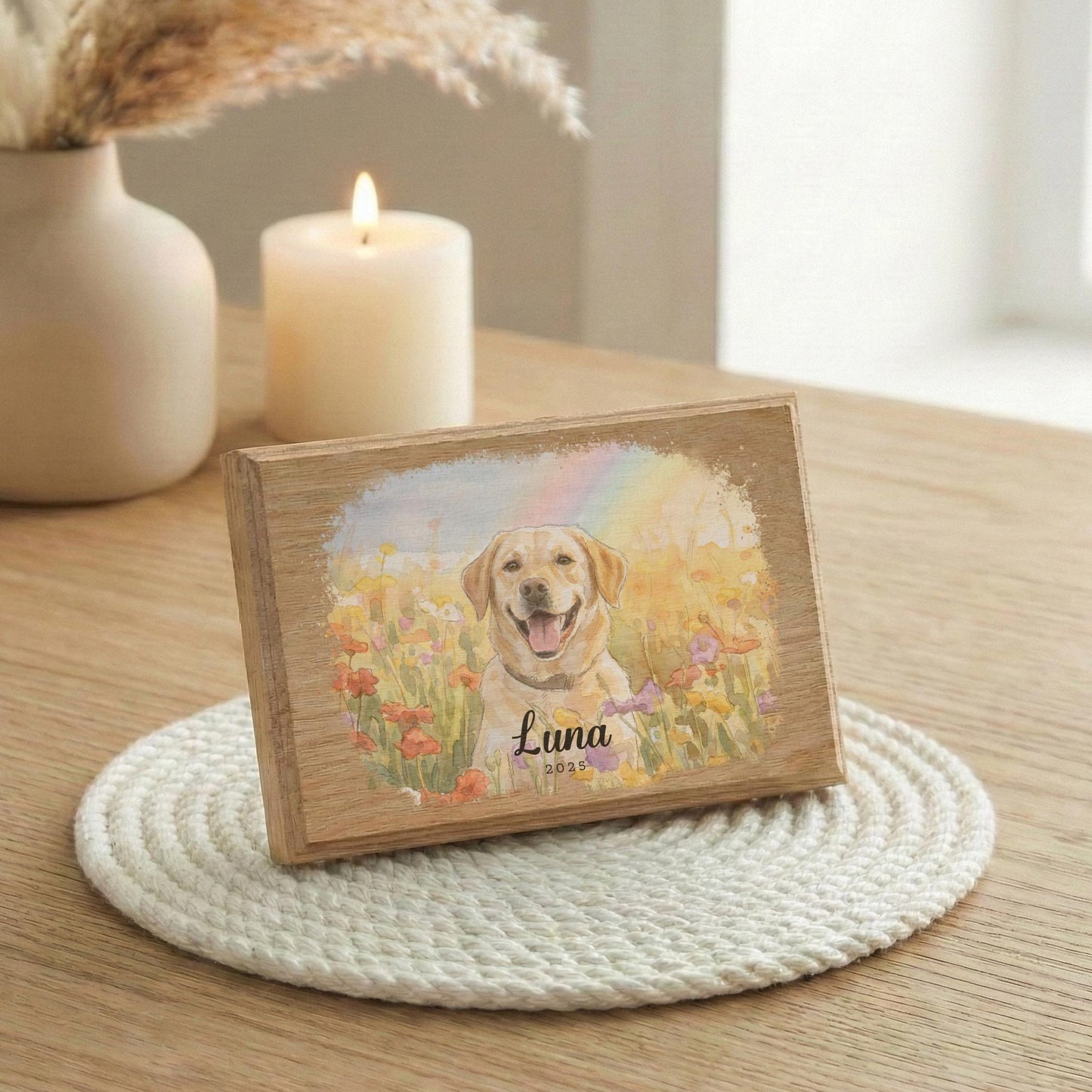 Dog Photo with Watercolor Effect, Pet Memorial Portrait Wooden Frame