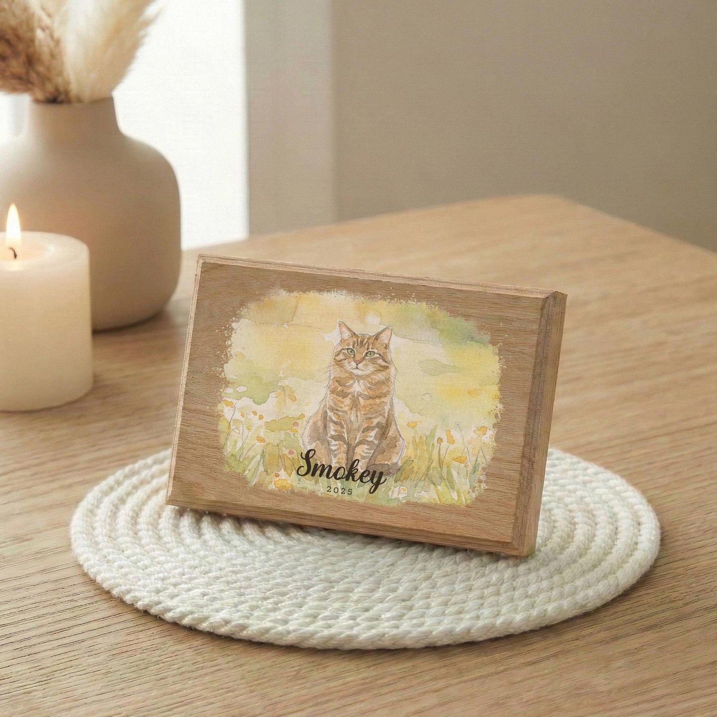Cat Watercolor Effect Photo Wood Frame, Kitty Memorial Picture