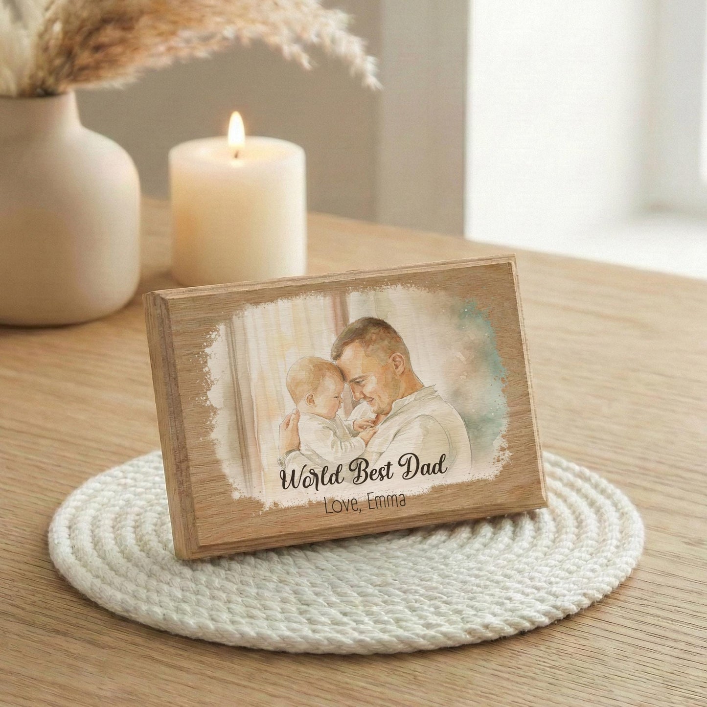 Father and Baby Watercolor Effect Photo Wood Frame, World Best Dad