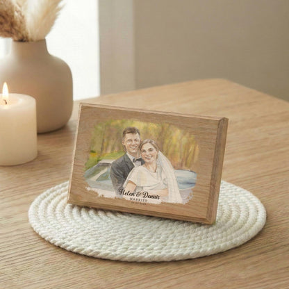 Personalized Married Photo Watercolor Effect Wood Frame, Custom Newlywed Picture Wedding Keepsake
