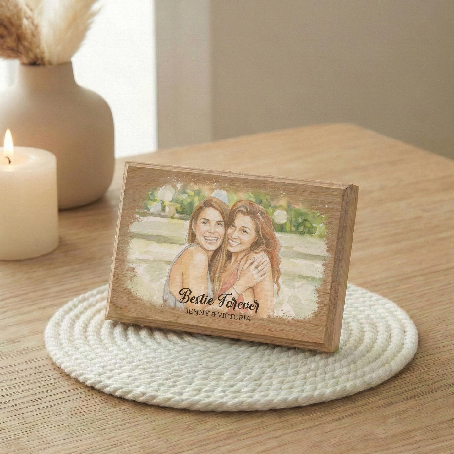 Personalized Friend Photo Wood Frame, Watercolor Effect
