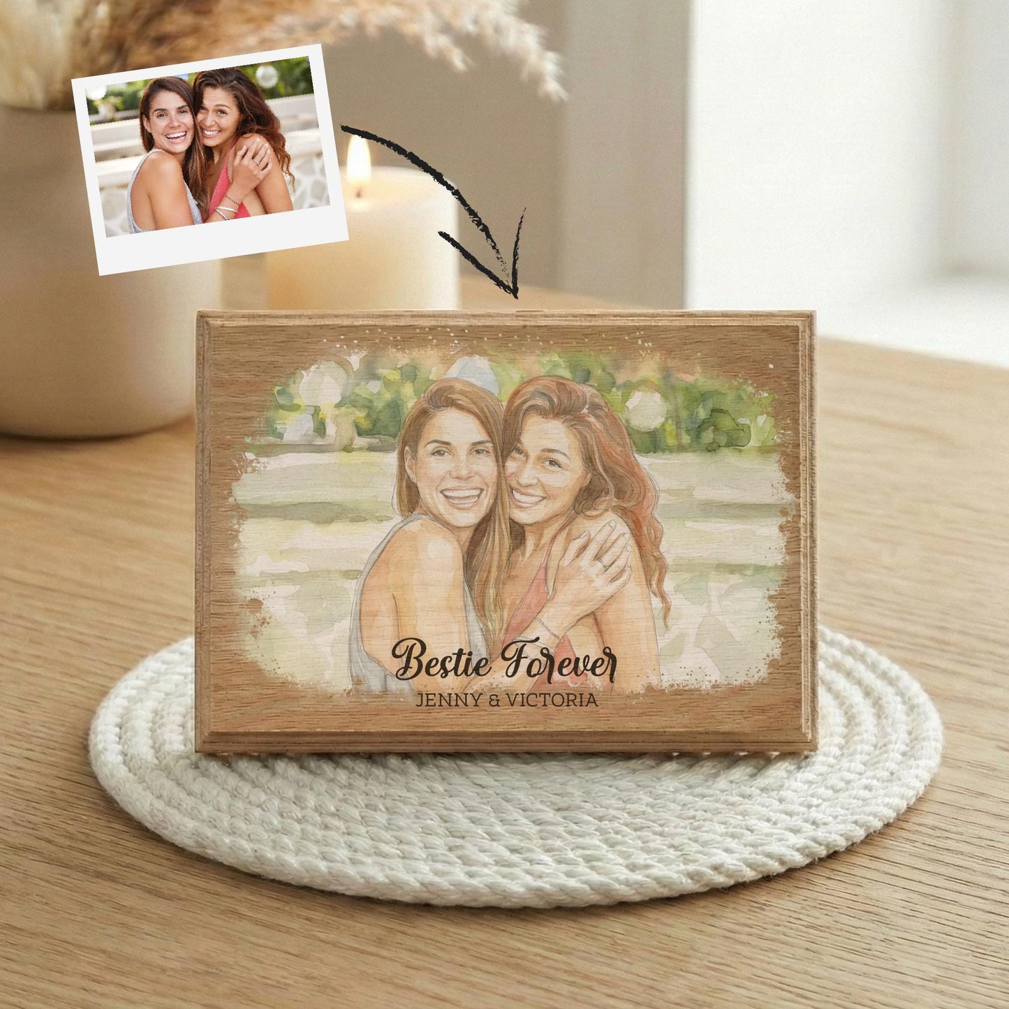 Personalized Friend Photo Wood Frame, Watercolor Effect