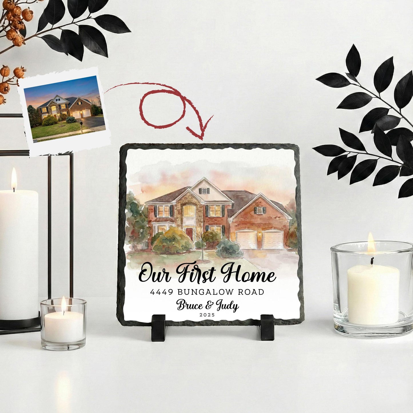 Watercolor Effect First Home Photo Stone Plaque, New House Picture Rock Slate