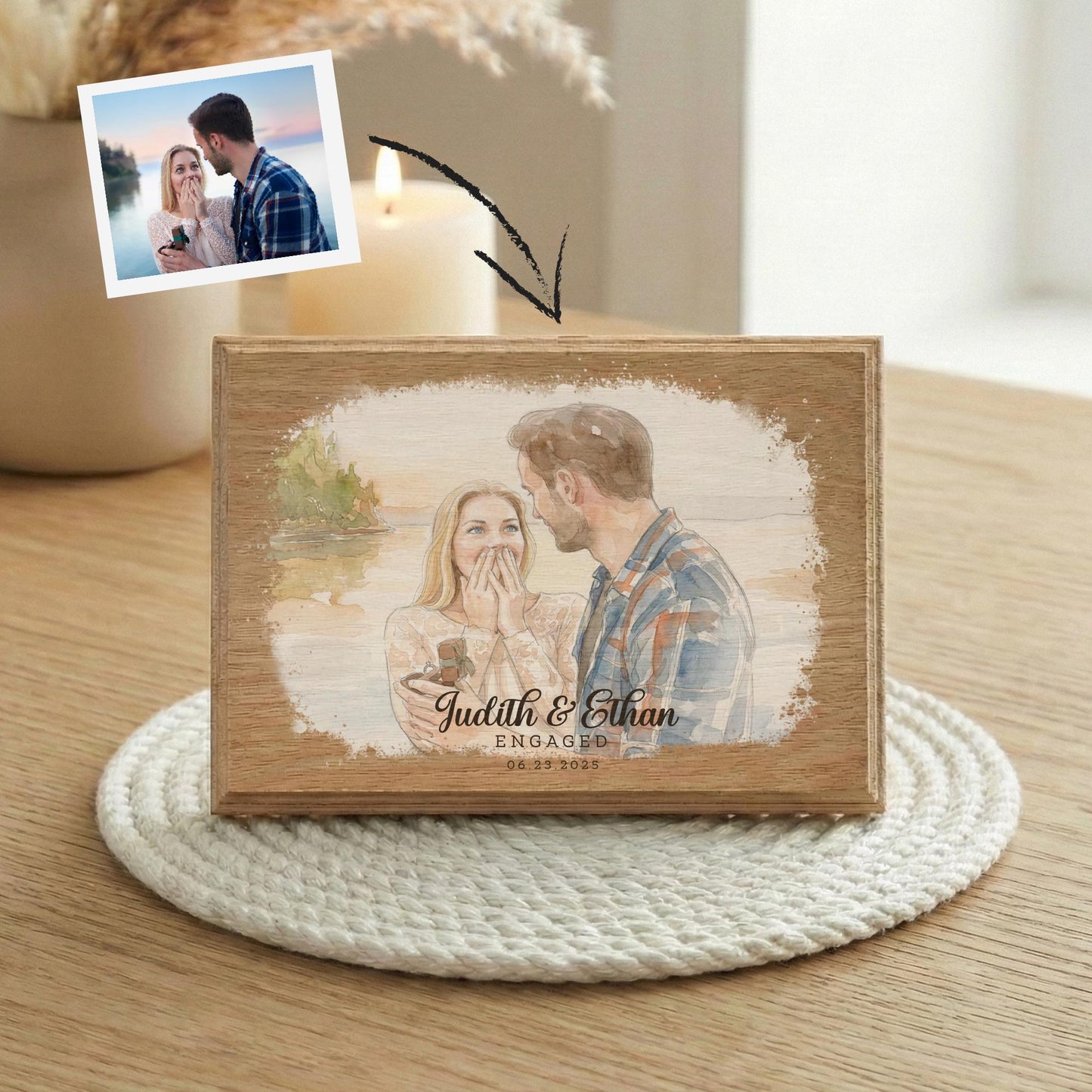 Engaged Couple Photo Watercolor Effect Wood Frame - Engagement Picture