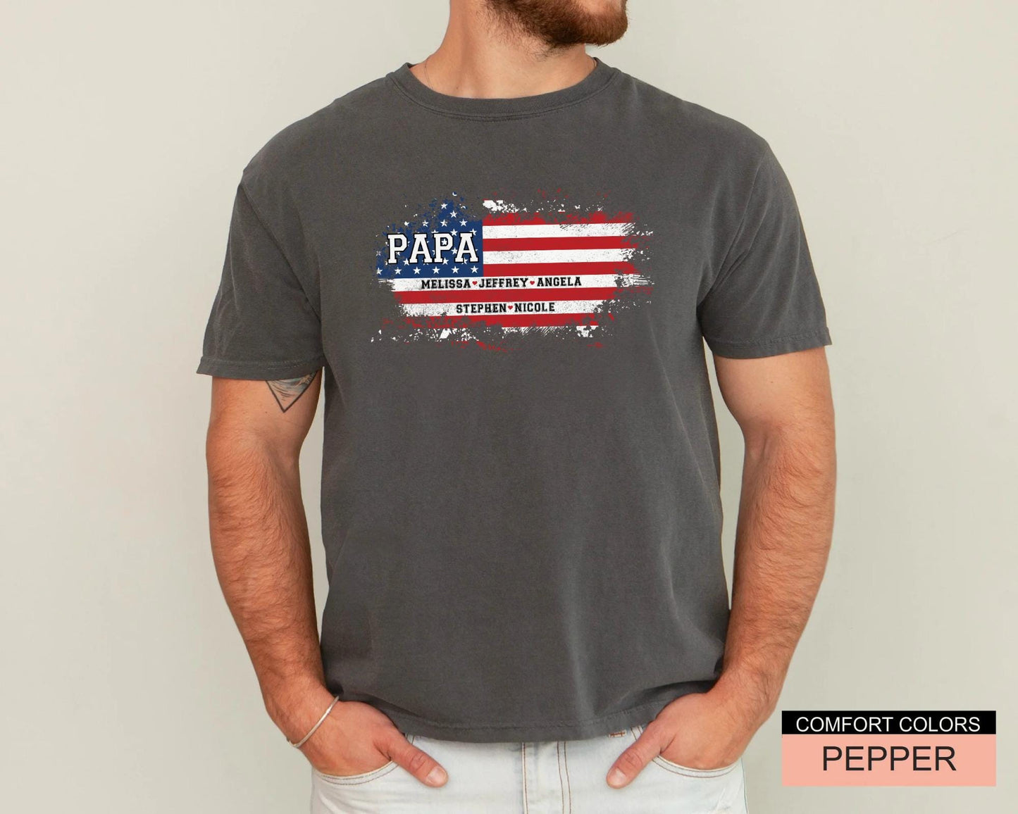 USA Flag Papa Shirt, Personalized  Kids Name Tee