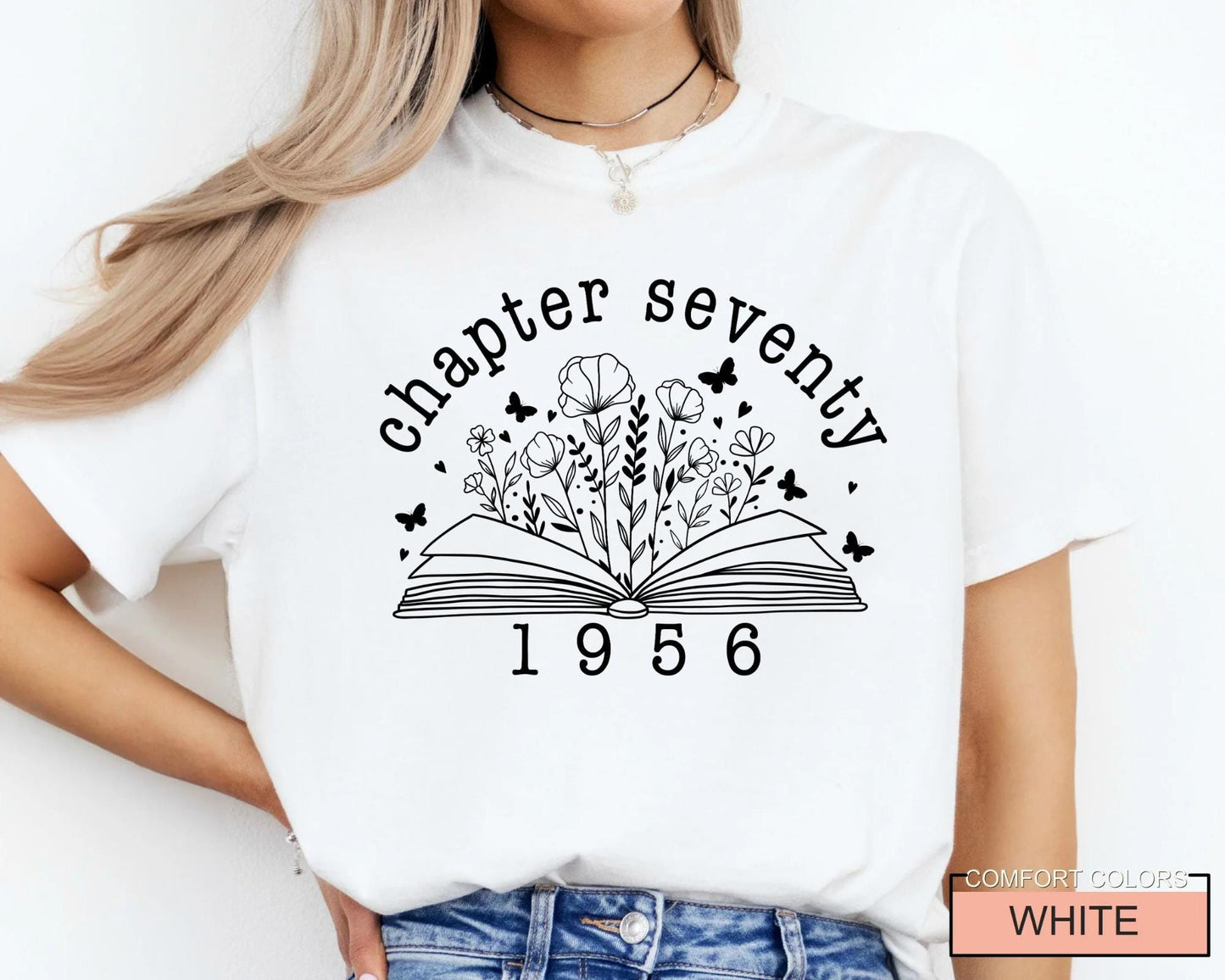 70th Birthday Floral Book Shirt, Custom Born in 1956 Women Tee