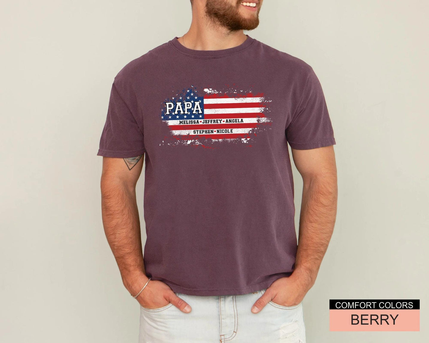 USA Flag Papa Shirt, Personalized  Kids Name Tee