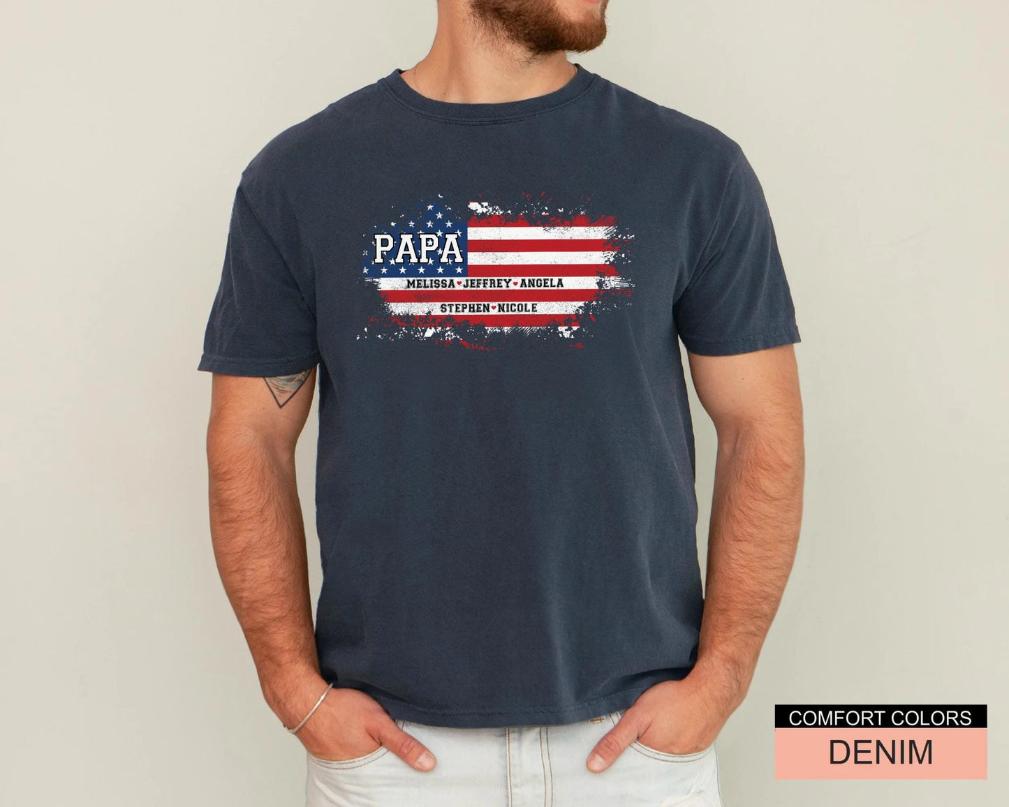 USA Flag Papa Shirt, Personalized  Kids Name Tee
