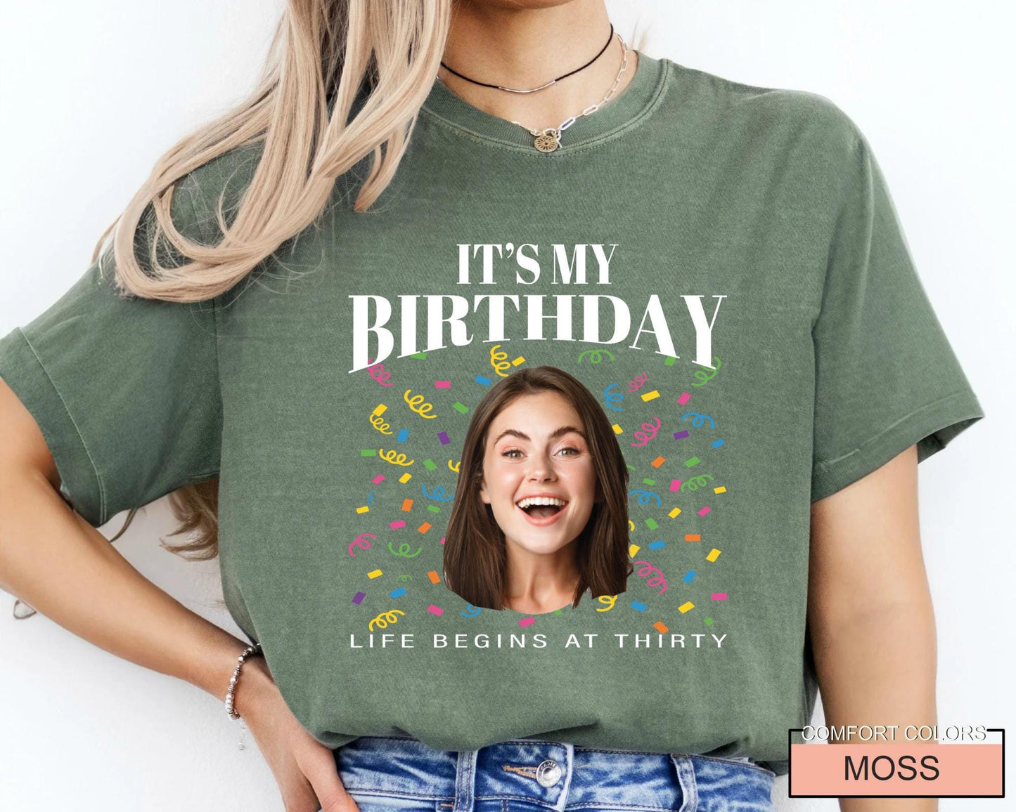Custom 30th Birthday Photo Crew Shirt, Personalized Thirty Portrait Party Tee