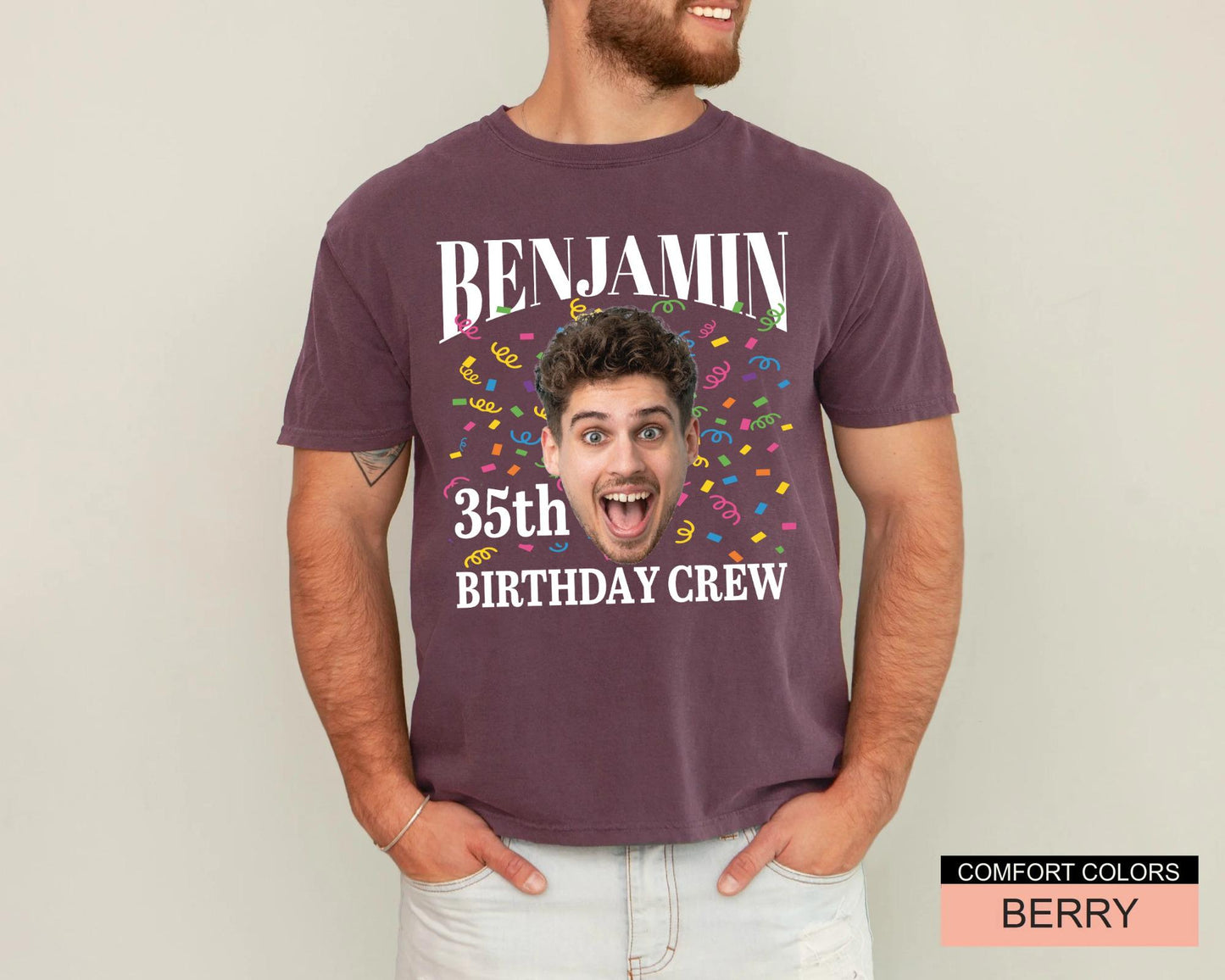 Custom Photo 35th Birthday Crew Shirt, Personalized Man Thirty-Five Portrait Party Tee, Born In 1991 Customized Outfit