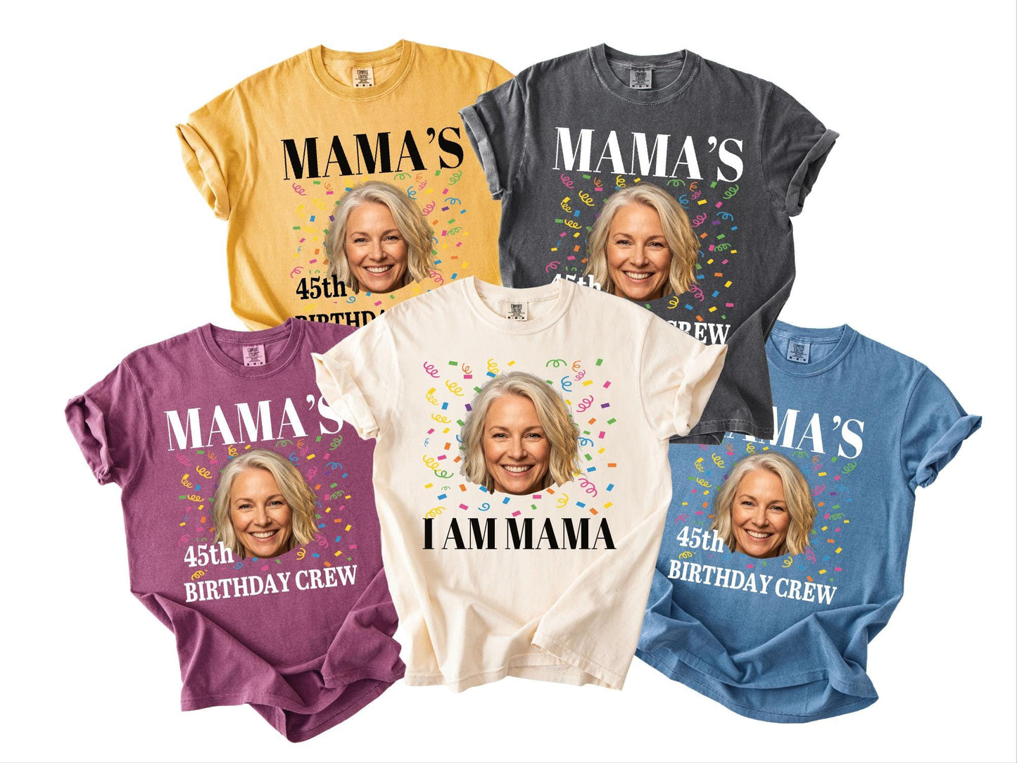 Custom Mom Photo 45th Birthday Crew Shirt, Personalized I Am Mama Party Tee with Portrait, Matching Mother Celebration Outfit