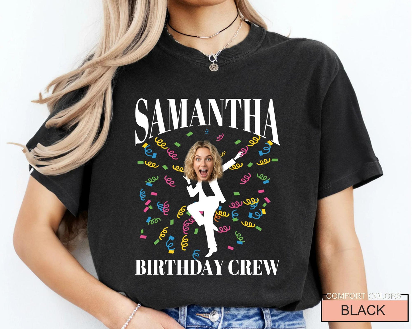 Funny Birthday Woman Face Photo Shirt, Matching Birthday Party Girl Group Tee
