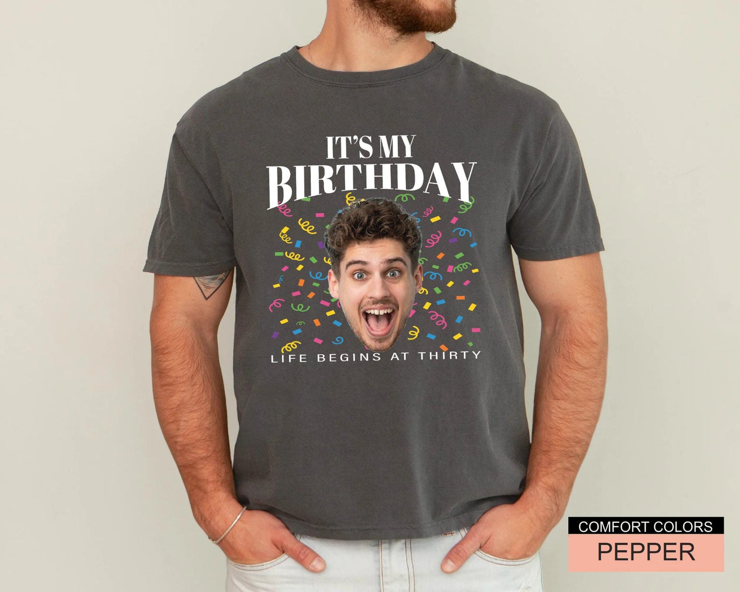Custom Thirty Birthday Photo Shirt, Personalized 30th Portrait Party Crew Tee
