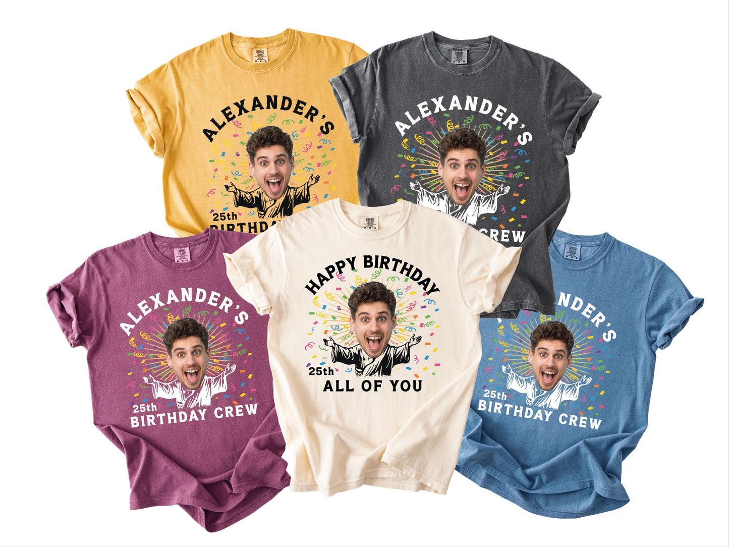 Custom Face 25th Birthday Shirt, Personalized Name Photo Party Man Tee, Matching Group Birthday Crew Outfit