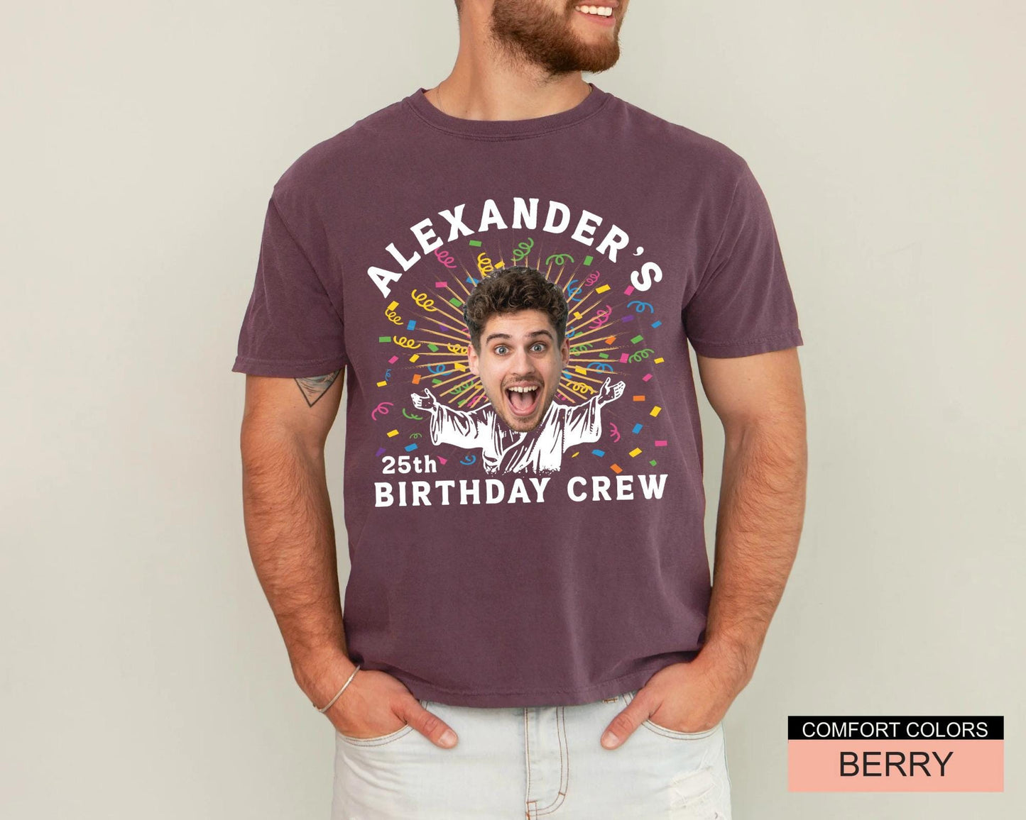 Custom Face 25th Birthday Shirt, Personalized Name Photo Party Man Tee, Matching Group Birthday Crew Outfit