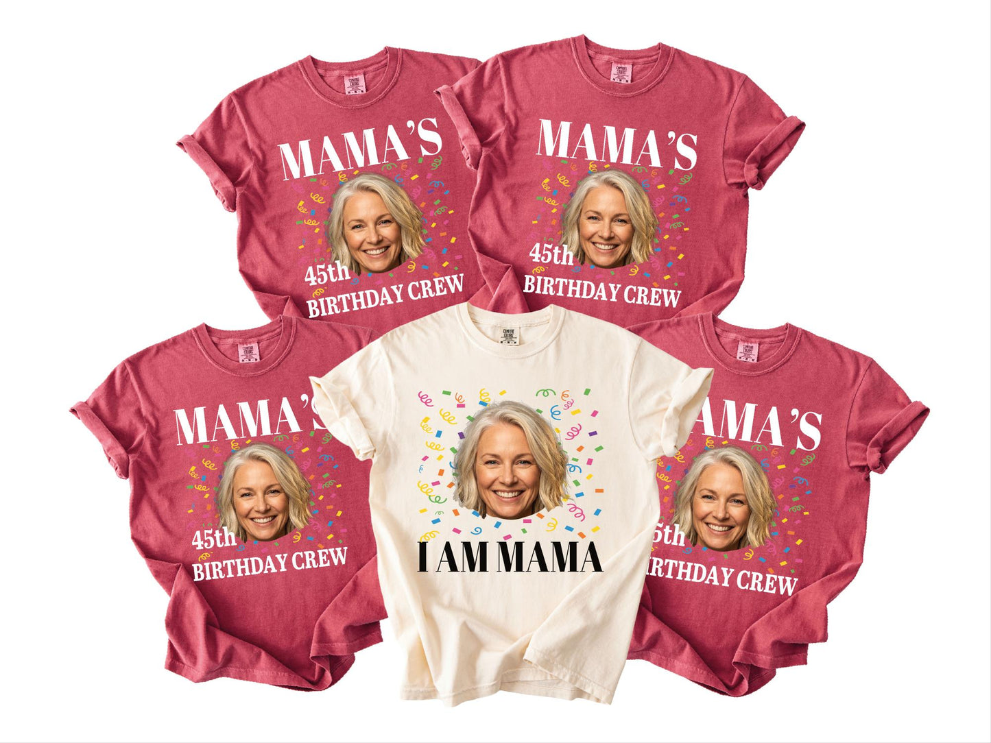 Custom Mom Photo 45th Birthday Crew Shirt, Personalized I Am Mama Party Tee with Portrait, Matching Mother Celebration Outfit