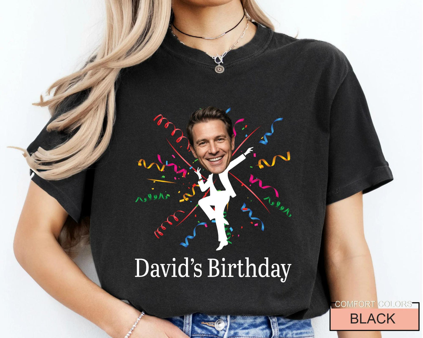 Custom Dancing Photo Birthday Shirt, Personalized Man Birthday Crew Tee with Portrait, Matching Father Silhouette Celebration Outfit