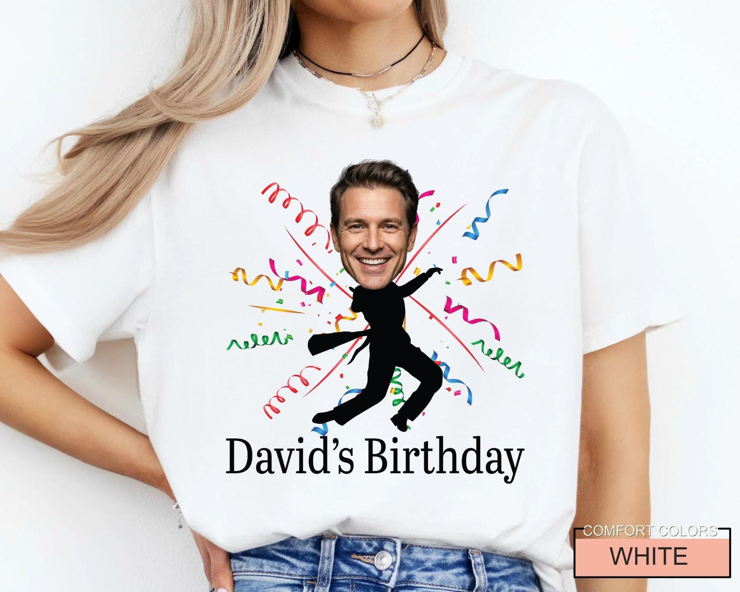 Custom Dancing Photo Birthday Shirt, Personalized Man Birthday Crew Tee with Portrait, Matching Father Silhouette Celebration Outfit