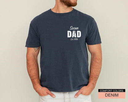 Personalized Dad Est Year Shirt, Custom Child Name New Father Tee, Pregnancy Reveal For Husband