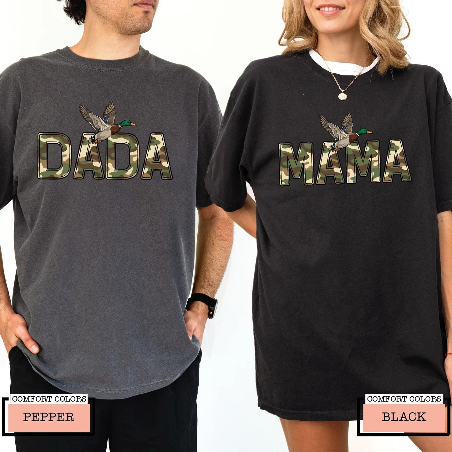 Camo Duck Hunting Mama and Dada Shirt, Matching Couples Camouflage Mallard Duck Tee for Hunting Mom and Dad