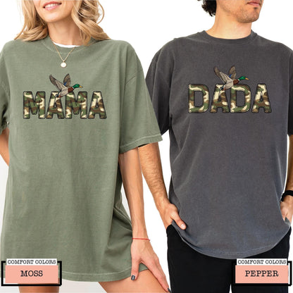 Camo Duck Hunting Mama and Dada Shirt, Matching Couples Camouflage Mallard Duck Tee for Hunting Mom and Dad