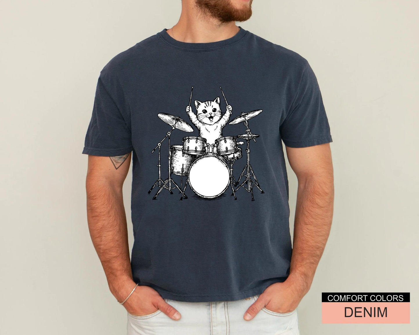 Cute Drum Cat Shirt for Drummers, Funny Animal Lover Husband Shirt, Drumming Cat Shirt, Cat Owner Drummer Dad Shirt for Father's Day