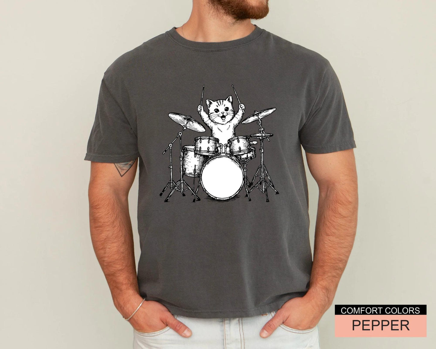 Cute Drum Cat Shirt for Drummers, Funny Animal Lover Husband Shirt, Drumming Cat Shirt, Cat Owner Drummer Dad Shirt for Father's Day