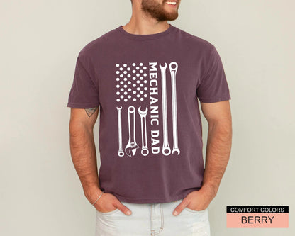 Mechanic Dad American Flag Wrench Tools Gift for Father’s Day, Car Repair Shirt for Dad, Garage Lover Auto Mechanic T-Shirt, Dad's Birthday