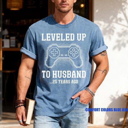 Custom Leveled Up To Husband Shirt, Personalized Anniversary Gift for Him, Funny Gamer Wedding Controller Tee, Customized Marriage Milestone
