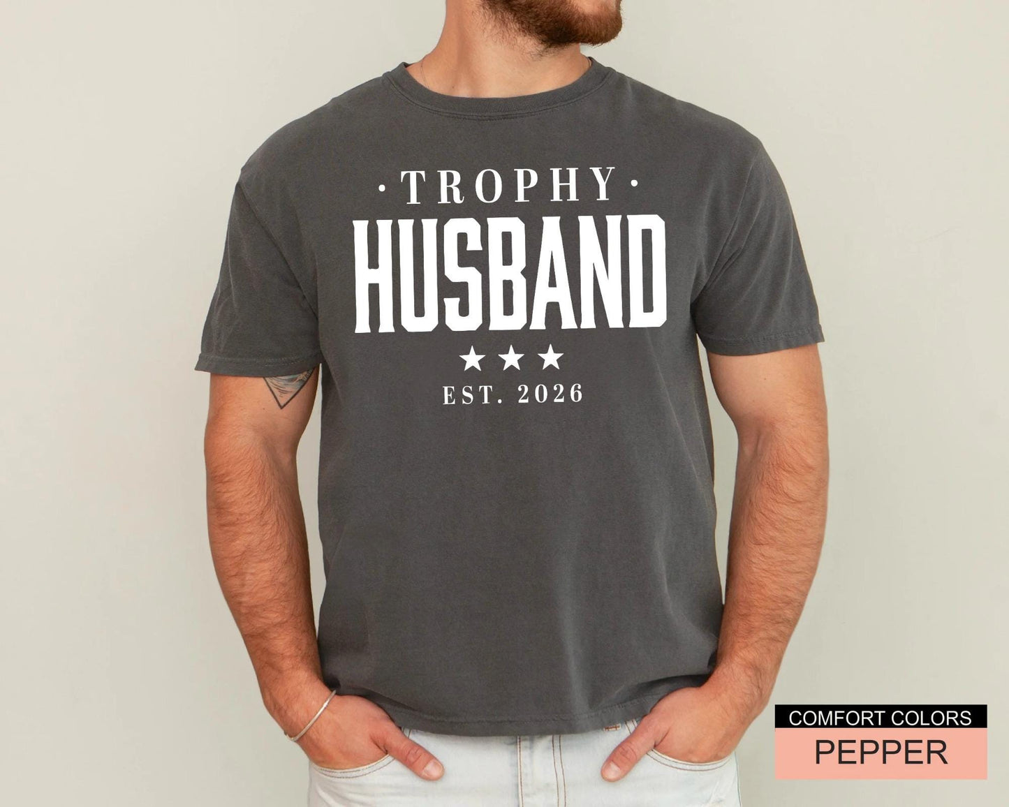 Trophy Husband Est Year Shirt, Retro Anniversary Tee for Him, Funny Newlywed Groom Outfit