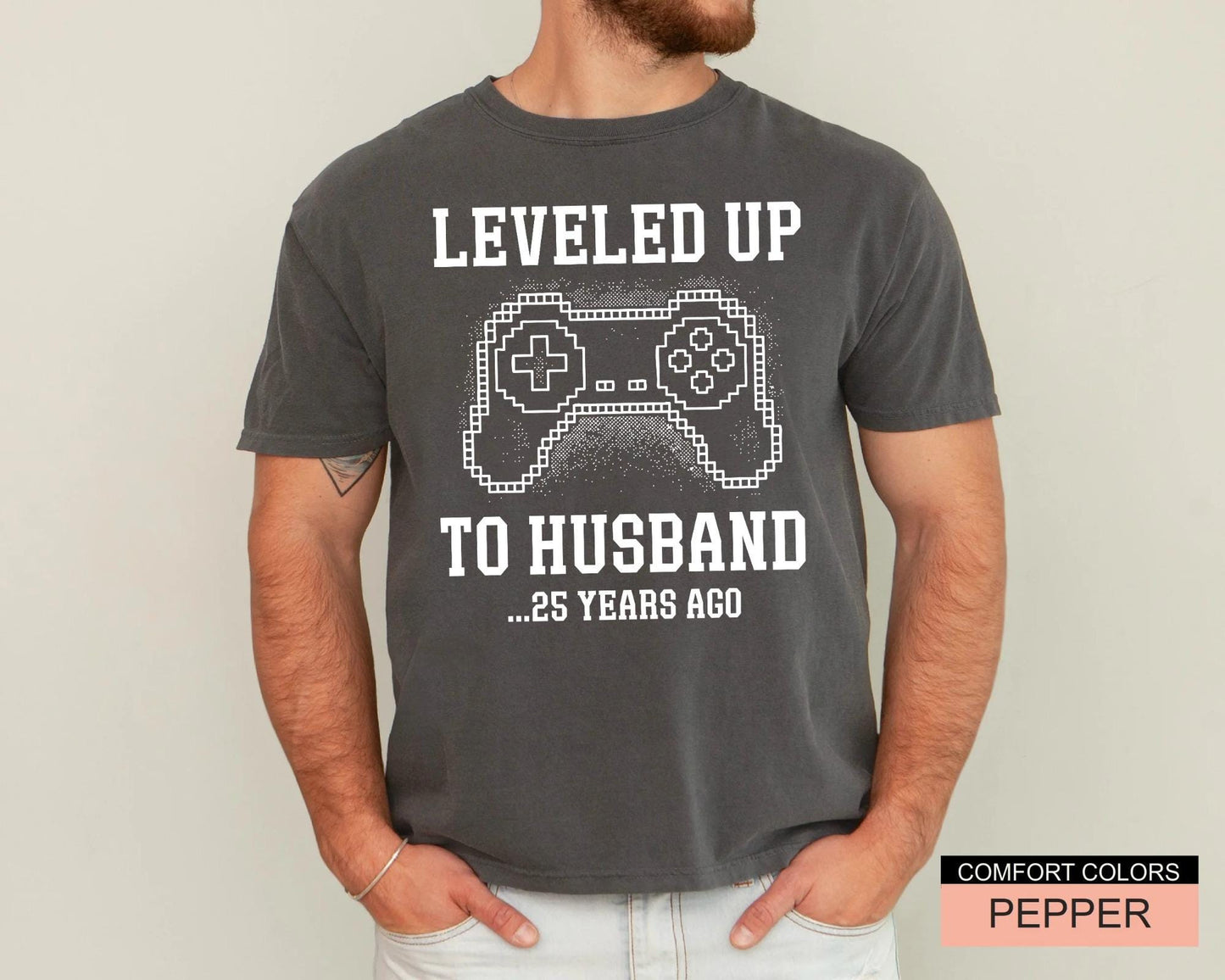 Custom Leveled Up To Husband Shirt, Personalized Anniversary Gift for Him, Funny Gamer Wedding Controller Tee, Customized Marriage Milestone