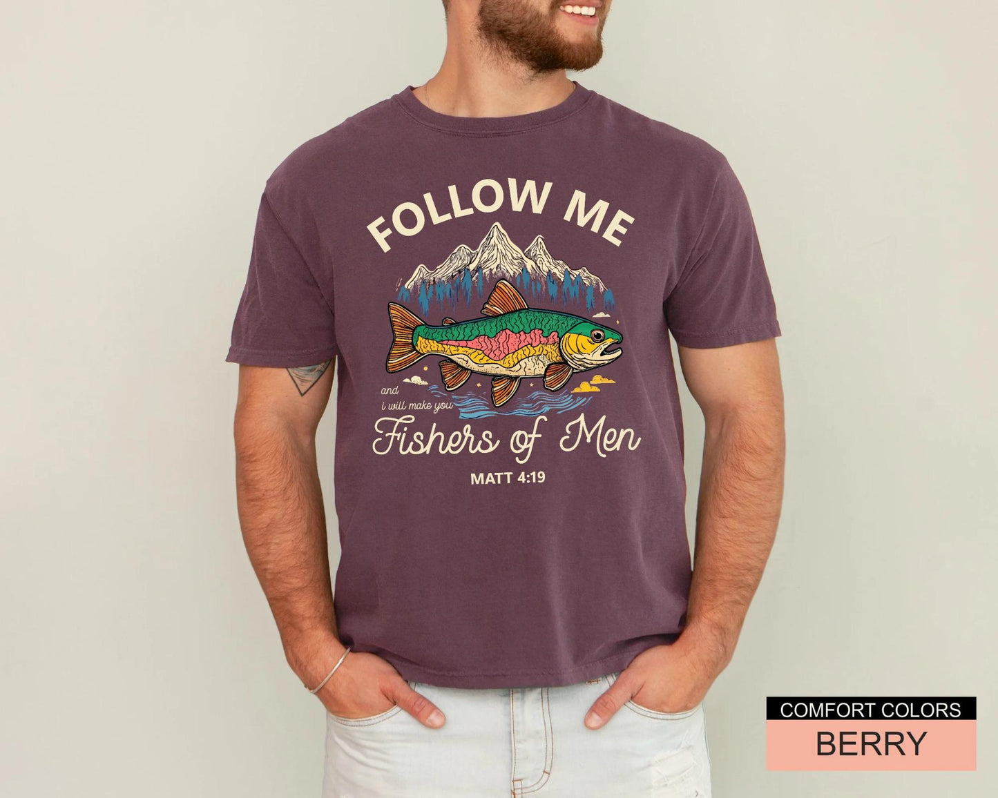 Christian Fishing Shirt, Follow Me Fishers of Men Tee, Matthew 4 19 Scripture Top