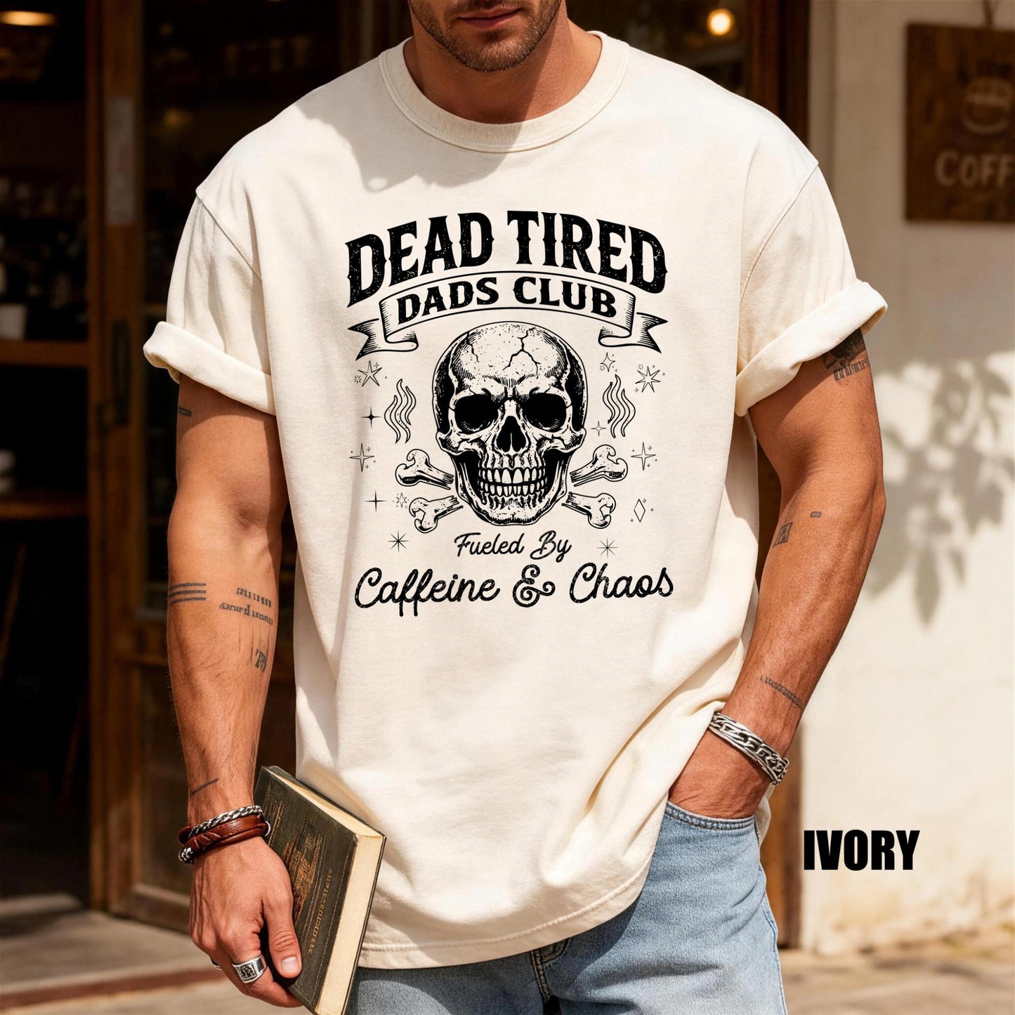 Retro Skull Father's Day Shirt, Dead Tired Dads Club Fueled By Caffeine and Chaos